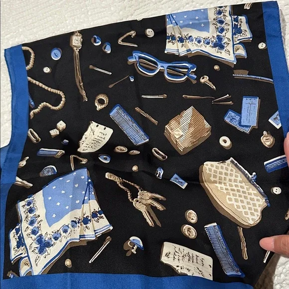 TALBOTS silk novelty print scarf Black Tan Blue Long Rectangle 14”x60” Retro